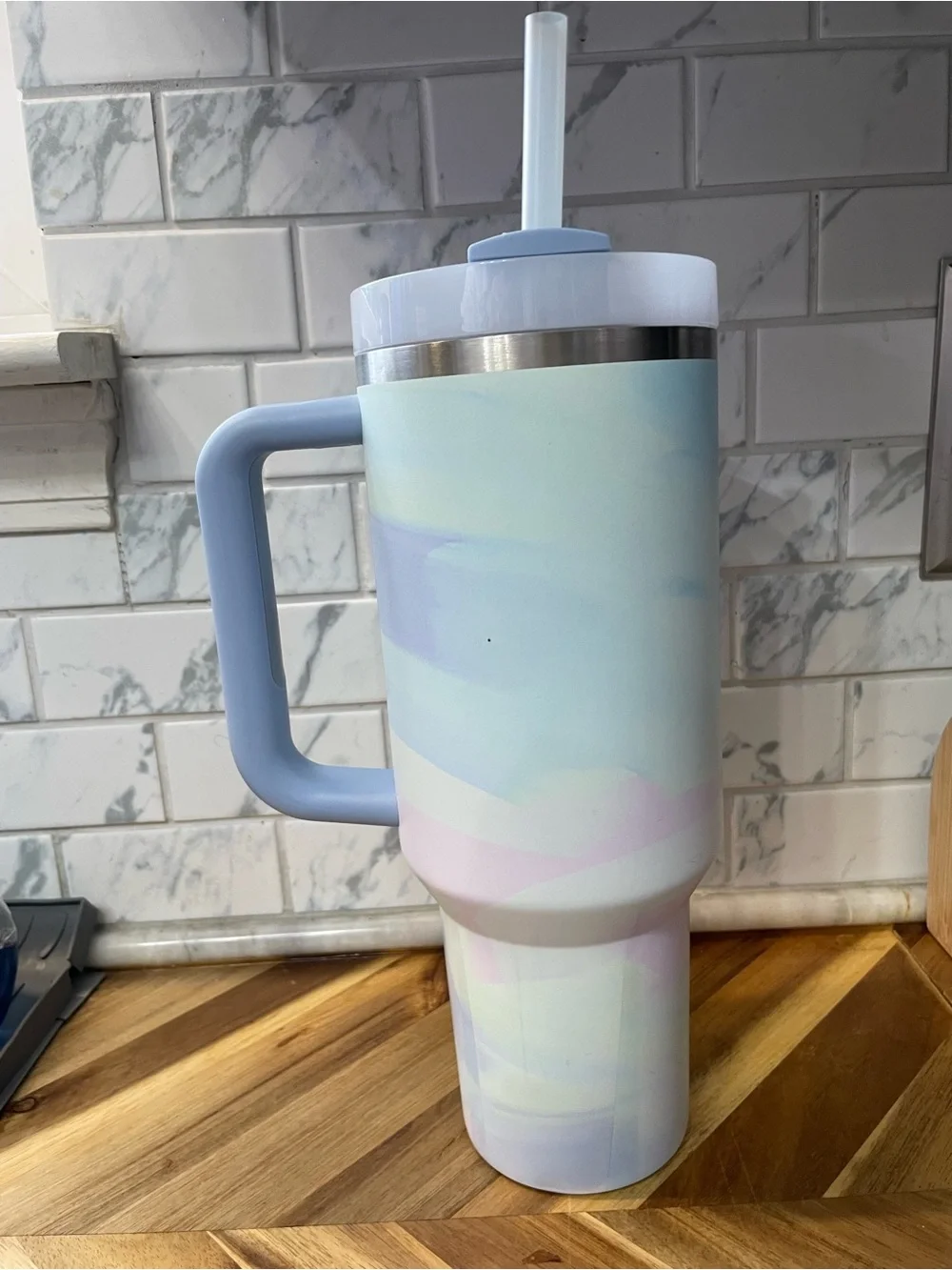 Stanley Light Blue Marble Travel Mug with Handle and Straw - Picture 2 of 4